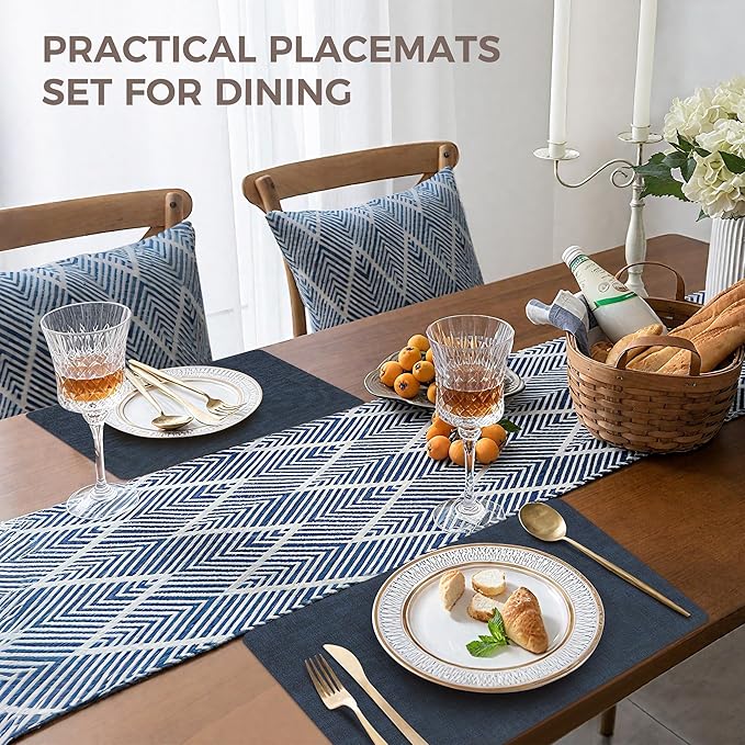 Vinyl Placemats Set of 4, Faux Leather Waterproof and Heat Resistant Place Mats, Washable Anti-Slip Table Mats with Coaster, Wipeable Placemats for Indoor & Outdoor 17" x 12" (Navy Blue, Set of 4)