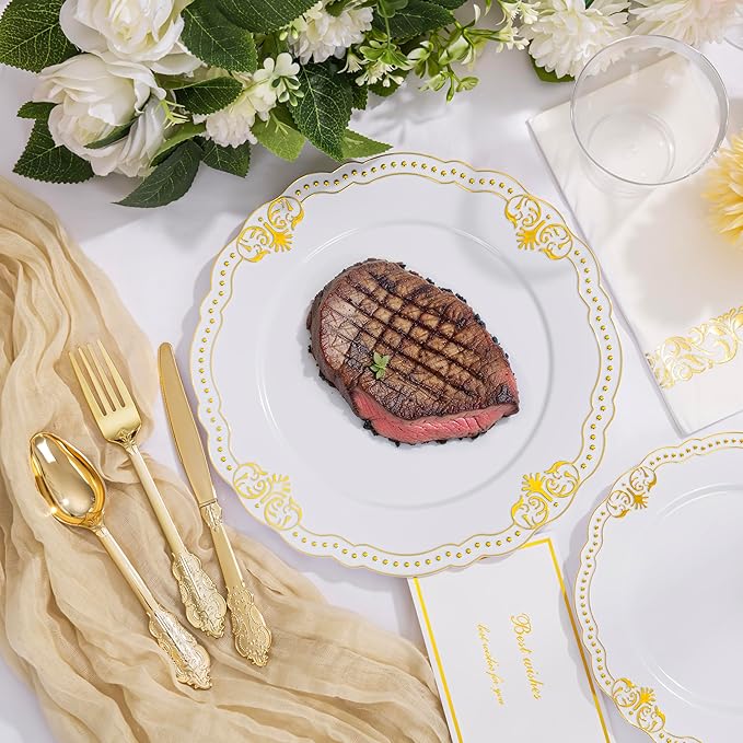 Ciaell 175 PCS White and Gold Plastic Plates - Fancy Gold Disposable Dinnerware Set with of 50 Plastic Plates, 25 Knives, 25 Forks, 25 Spoons, 25 Cups, 25 Napkins for Wedding, Party