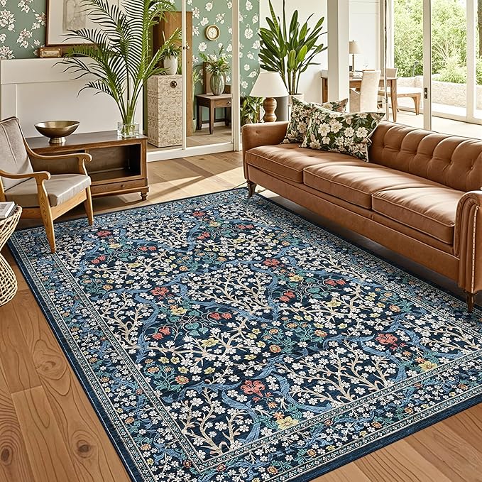 GarveeHome Floral Area Rugs 5x7, Dark Blue Washable Rug for Living Room, Bedroom, Low Pile Non Slip Stain Resistance Indoor Boho Carpet Mat for Farmhouse, Dining Room, Office