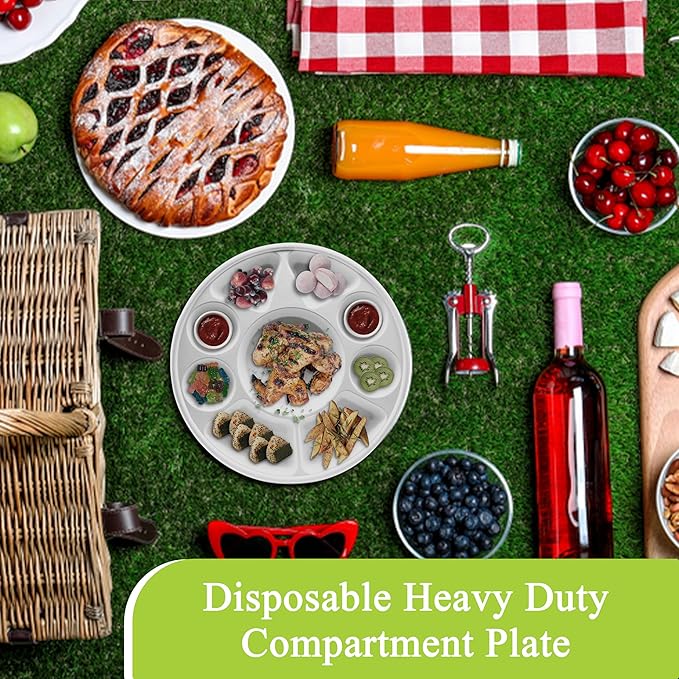 three leaf 9 Compartment Bagasse Round Plate, 200 Ct. Heavy-Duty- Super Strong- Natural- Eco-Friendly Disposable Bagasse Plates, 100% Biodegradable