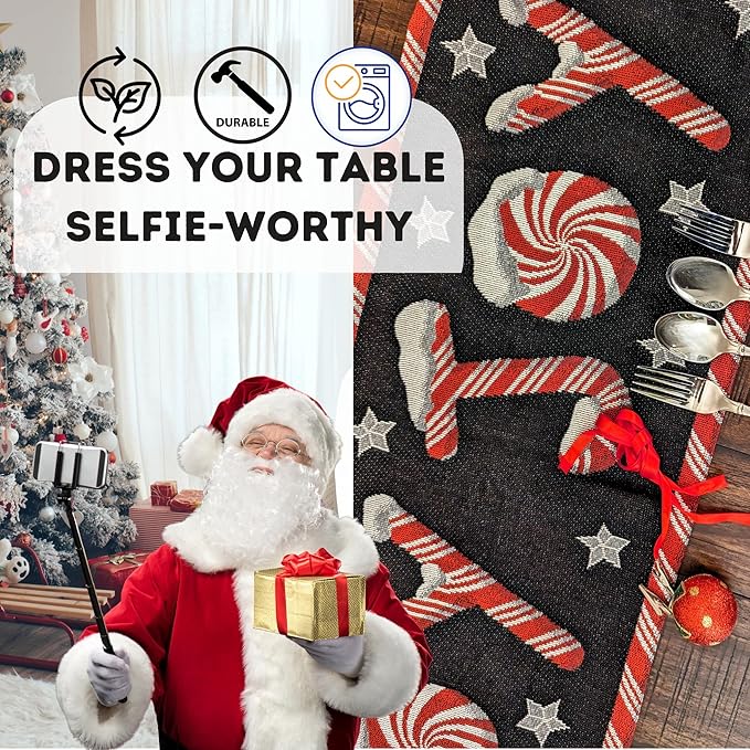 DaDa Bedding Starry Peppermint Joy Placemats - Set of 4 Festive Christmas Winter Holiday Tapestry - Red Black & White Cotton Linen Woven Yueltide Dining Table Mats - 13” x 19” (12904)
