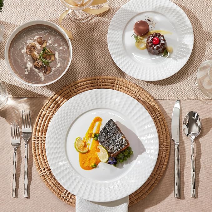 KINGSTONE 12-piece Bone China Dinnerware Set and 20-piece silverware, White Lightweight Porcelain for 4, Plates, Bowls with matching flatware, Microwave and Dishwasher Safe, for Family, Gifting