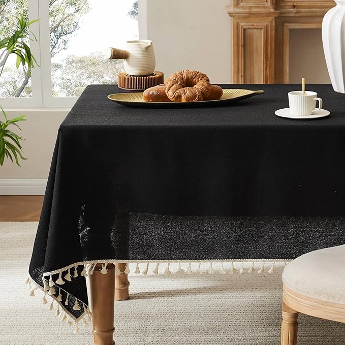 Linen Tablecloth with Tassels, Farmhouse Style Black Tablecloth, Water Resistant Burlap Tablecloths for Square Table, 52x52 Inch Black