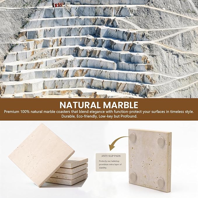 Natural Marble Coasters, Square Costers, Luxury Aesthetic Modern Decor for Coffee Table Bar Kitchen Home, Travertine Marble, Real Natural Semi Absorbent Stone Coasters