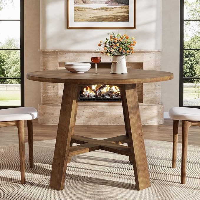 39.4" Round Dining Table for 2–4 People, Solid Wood Farmhouse Kitchen Table with Natural Wood Grain for Dining Room, Rustic Brown