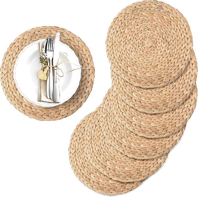 12" Water Hyacinth Woven Round Placemats Set of 6 - Wicker Boho Farmhouse Placemats - Rattan Table Mats for Dining Table, Wedding, Home