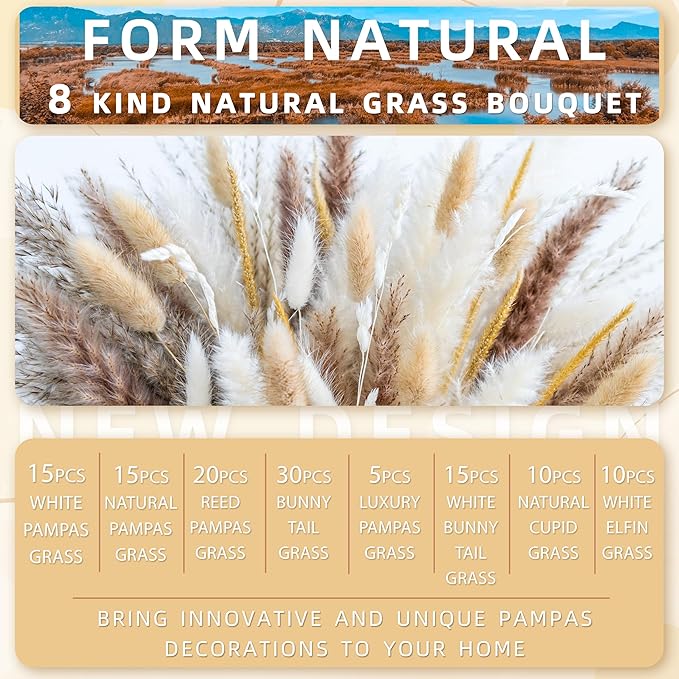120PCS Natural Pampas Grass Mix Bouquet | Dried Pampas Bouquet for Wedding Boho Flowers Home Table Decor Desk Decor, Rustic Farmhouse Decor (120PCS)