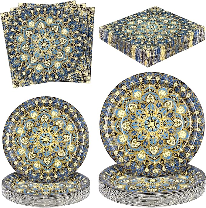 Kochorie 100 Pieces Bohemian Style Paper Plates and Napkins Set Vintage Bohemian Decorative Paper Plates (25 x 7 Inch & 25 x 9 Inch) Boho Tableware Set for Daily Use Party Kitchen Wedding Decor