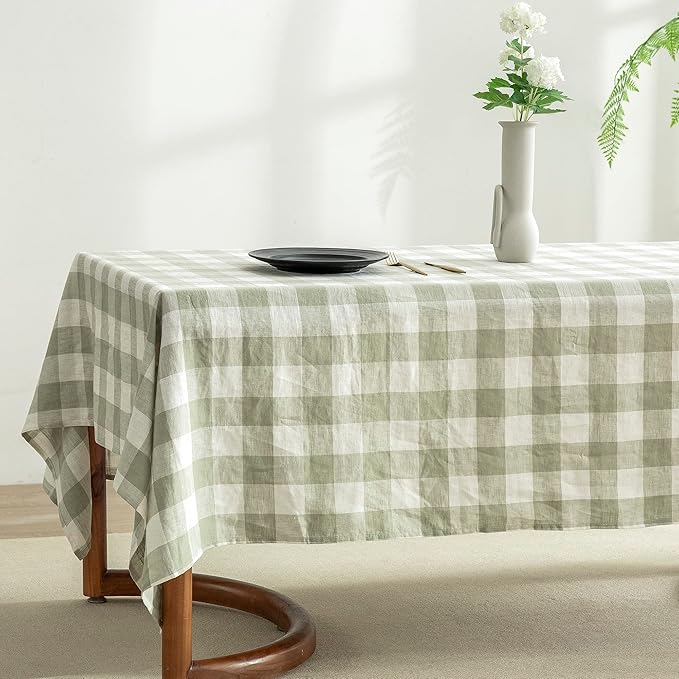 EVERLY 100% Yarn-Dyed Linen Rectangle Tablecloths 60x120Inches for Dining,Buffet Parties,Picnic,Events and Restaurants,Decorative Halloween,Thanksgiving Machine Washable Tablecloths-Sage Green Plaid