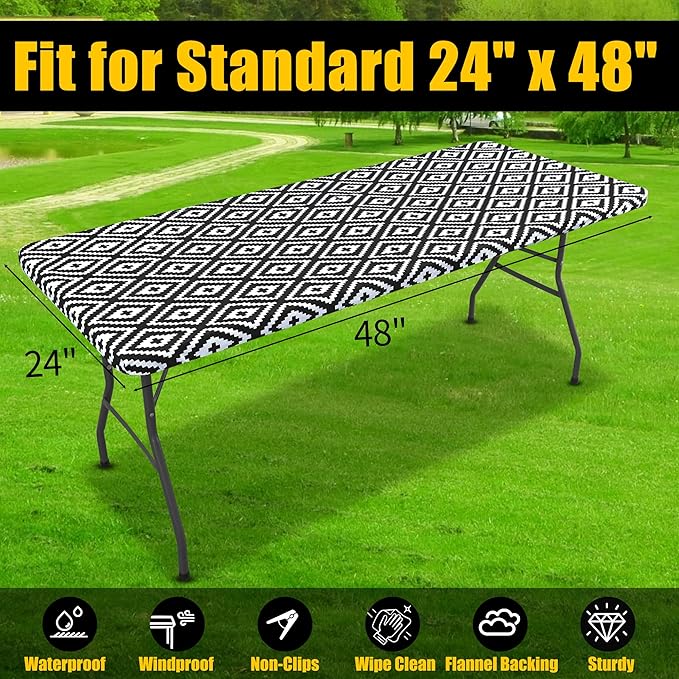 Smiry Rectangle Table Cloth Cover, Waterproof Elastic Fitted Picnic Tablecloth for 4 Foot Tables, Wipeable Flannel Backed Vinyl Tablecloths for Camping, Dining, Outdoor (Black, 24" x 48")