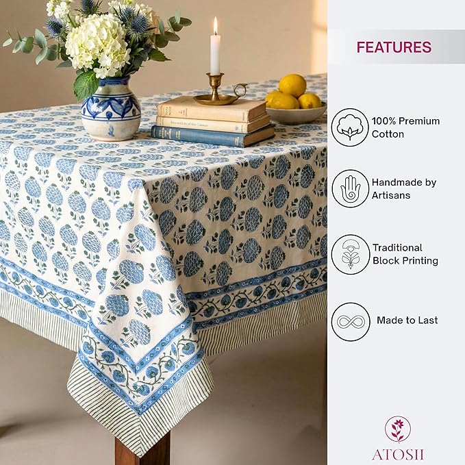 ATOSII Roma Blue 100% Cotton Boho Rectangle Fall Tablecloth, Handblock Floral Print Table Linen for Kitchen Dining I Parties, Outdoors, Weddings, Christmas, Thanksgiving I 72 X 120 Inches I 10 Seater