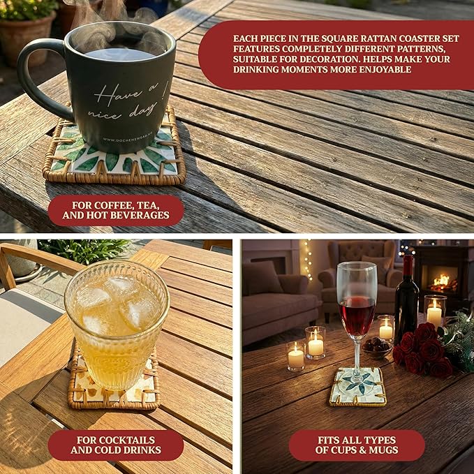 Handmade Rattan Coaster Set of 4, Cute Coasters Square with Mother of Pearl, Coastal & Boho Coaster Vintage for Decorative, Coffee Table, Bar & Outdoor Drink Coasters, Unique Housewarming Gift