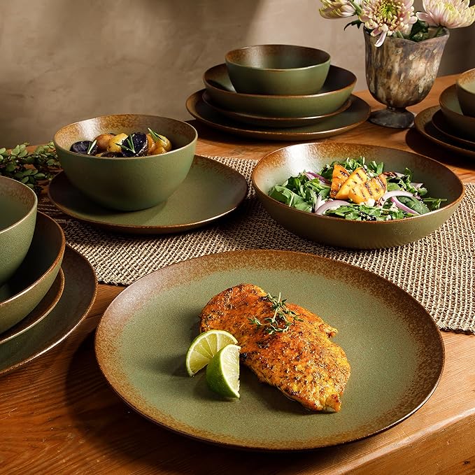 Bloomhouse - Two Time Oprah's Favorite Things Winner - Palermo Sun Double Bowl Stoneware Reactive Glaze Plates and Bowls Dinnerware Set - Cardamom Green, Service for Four (16pcs)