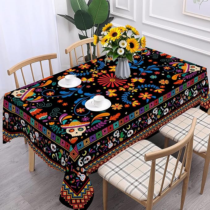 Mexican Tablecloth Rectangle 60 x 120 Inch, Cinco De Mayo Flower Skull Table Cloth Fiesta Indoor Decorations for Dining Room Party