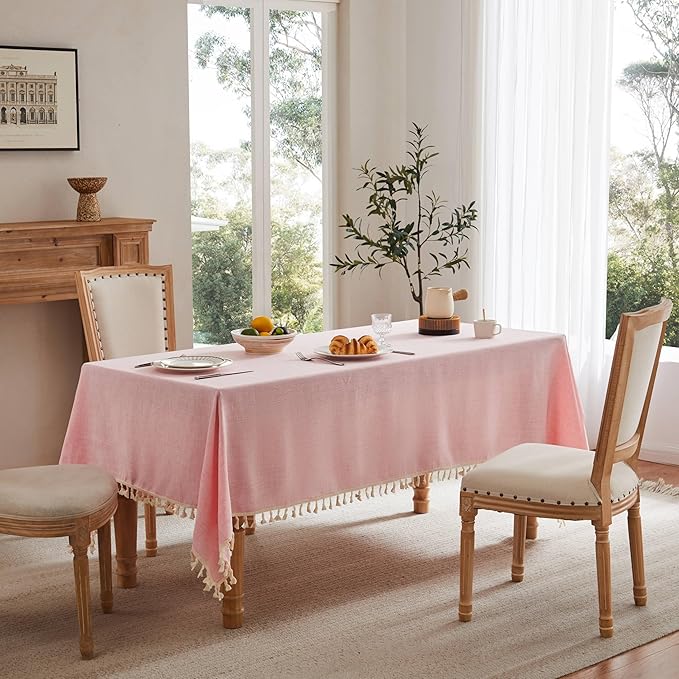 Linen Tablecloth with Tassels, Farmhouse Style Pink Tablecloth, Water Resistant Burlap Tablecloths for Rectangle Table, 52x70 Inch Pink