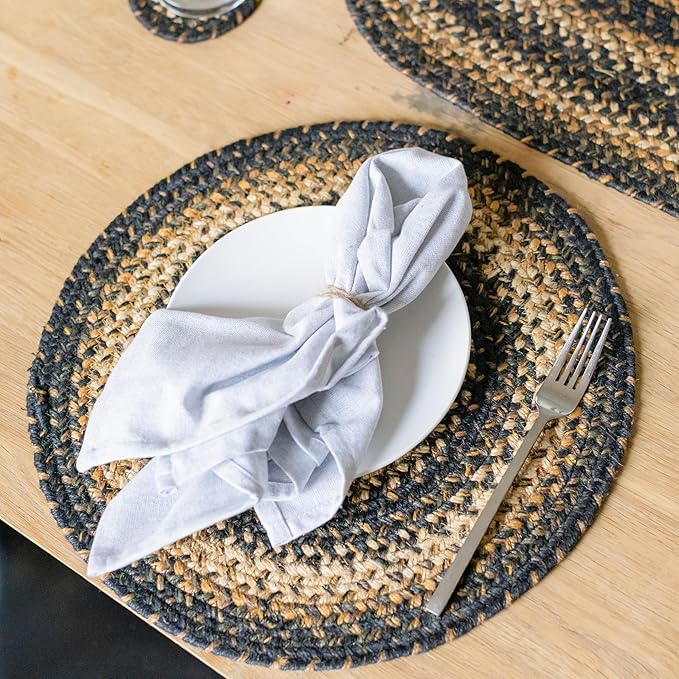 Homespice Kilimanjaro Jute Woven Round Placemats Set of 6, 15", Warm Primitive Decor, Black and Tan Table Mats - Vibrant Colors, Durable, Easy to Clean and Protects Furniture