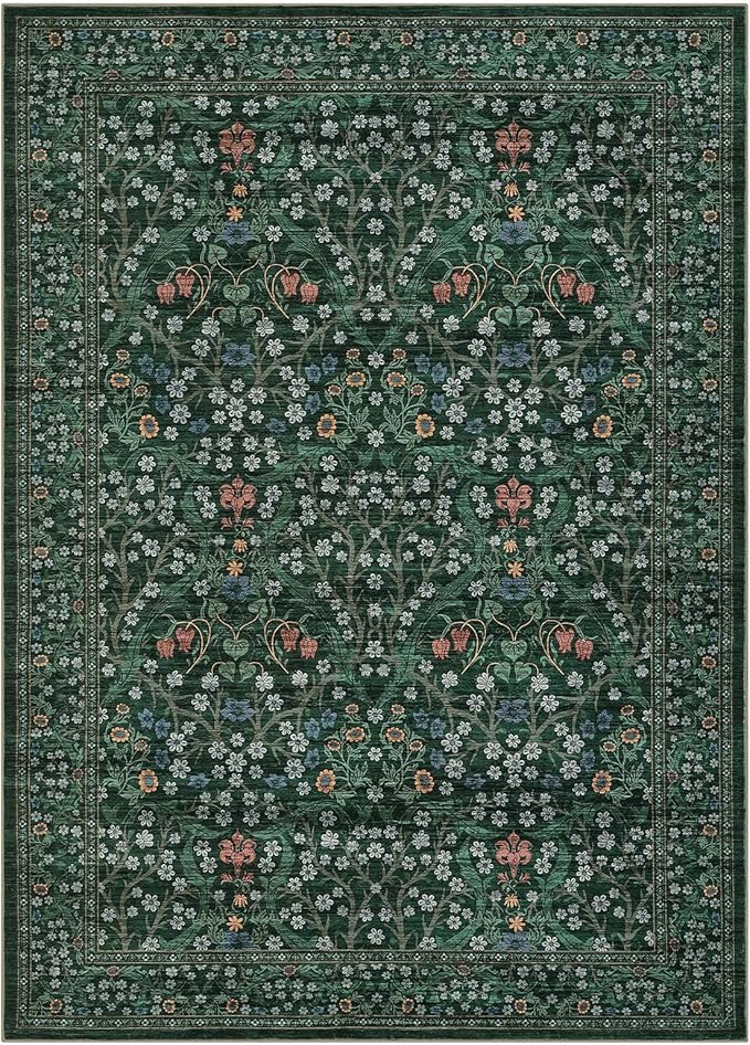 GarveeHome Washable Rug for Living Room, 8x10 Large Area Rug for Dining Room Under Table, Bedroom, Floral Soft Low Pile Non Slip Stain Resistant Carpet for Nursery, Playroom, Office, Dark Green