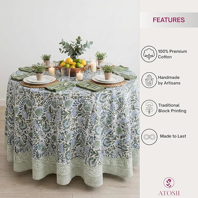 ATOSII Clover Blue 100% Cotton Round Boho Fall Tablecloth, Handblock Floral Table Cloth Linen for Kitchen Dining I Parties Weddings Outdoors Christmas Thanksgiving I 90" Inches Round I 6-8 Seater