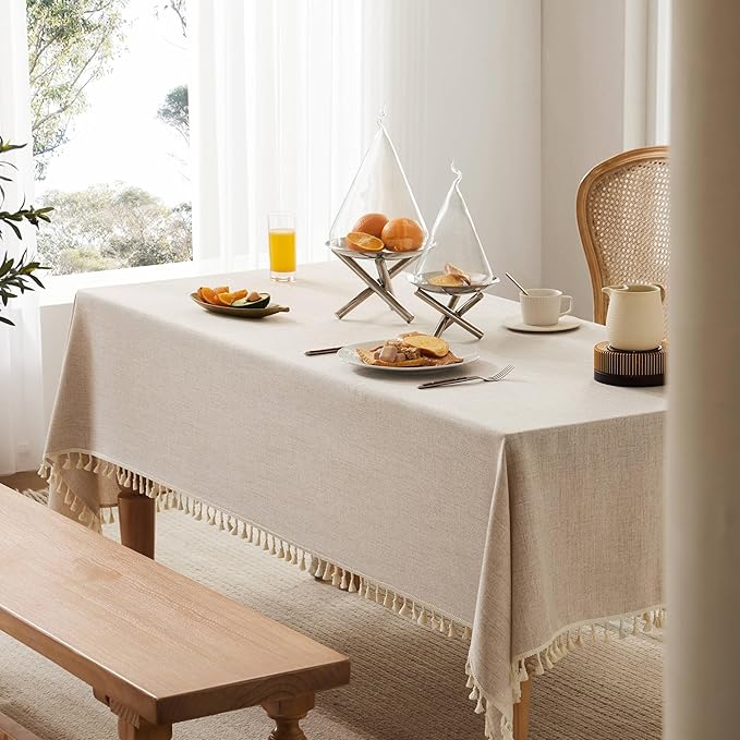 Linen Tablecloth with Tassels, Farmhouse Style Beige Tablecloth, Water Resistant Burlap Tablecloths for Rectangle Table, 60x120 Inch Natural