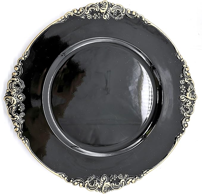 allgala 13-Inch 6-Pack Heavy Quality Round Charger Plates-Floral Black Gold Trim-HD80343