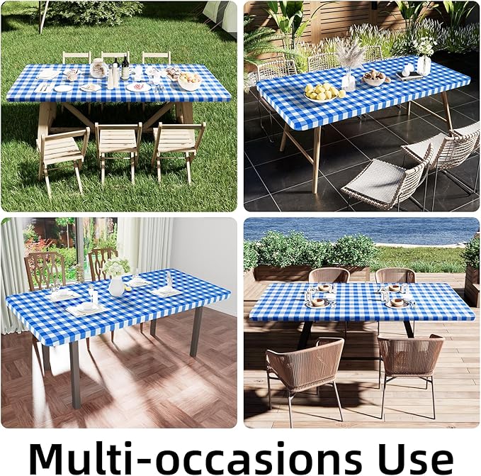 Smiry Rectangle Picnic Table Cloth, Elastic Waterproof Fitted Vinyl Tablecloths, Flannel Backed Buffalo Plaid Table Covers for Dining, Camping, Outdoor (White and Blue, 30" x 48")