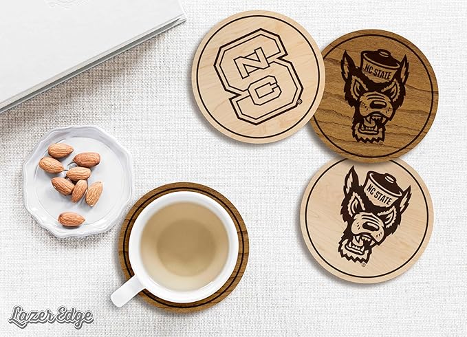 LazerEdge NC State Wolfpack Wooden Coaster Set - Maple Wood - Officially Licensed Product - 4-Pack