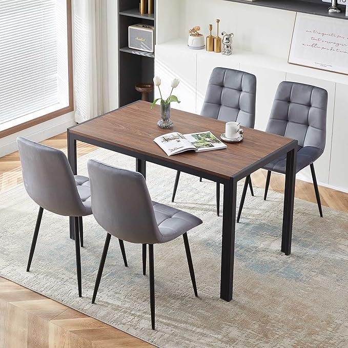 5 PCS Dining Table Set for 4, Modern Engineered Wood Table Walnut Wipe Clean with 4 Upholstered Velvet Home Chair Soft No Arms Accent Chairs with Back for Small Spaces
