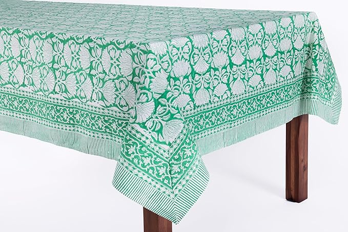 ATOSII Meadow Green 100% Cotton Fall Tablecloth, Handblock Print Rectangle Table Cover for Kitchen Dining Linen I Parties, Weddings, Outdoors, Easter Table Cloth Decor 60 X 90 Inches I 6 Seater