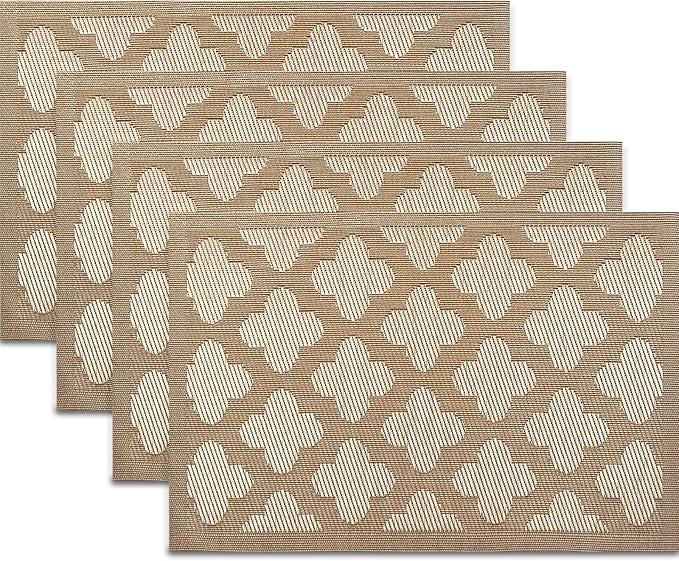 Elegant Placemats Vinyl Woven Heat-Resistant Placemats Set of 4 Washable Easy to Clean Table Mats for Dining Room and Decorate (Gold)