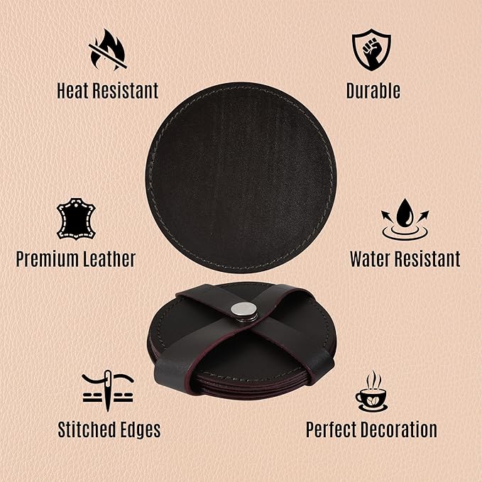 Genuine Leather, Premium Table Coasters by Leatherific, Round, 4 inch, Set of 6, with Holster, Handcrafted, Hand Made, Non Slip Drink Mats, Brown (Brunette Brown, 4")
