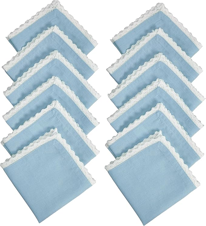 Fingercraft Dinner Cloth Napkin Cotton Linen Blend 12 Pack 12In Mitered Corners with Elegant Lace for Everyday Use Napkins Cloth are Pre Shrunk and Good Absorbency Sky Blue