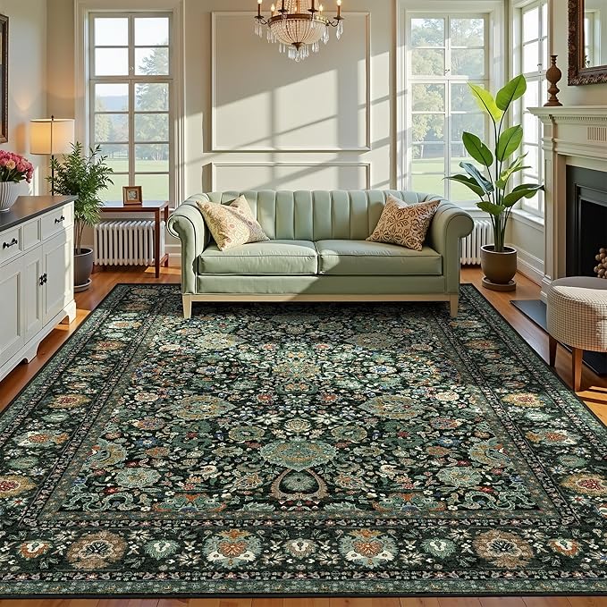 Dark Green Floral Living Room Rug 5x7 Washable Rugs Boho Vintage Oriental Large Foldable Faux Wool Carpet for Bedroom Nursery Room Dorm Kids Playroom Home Office