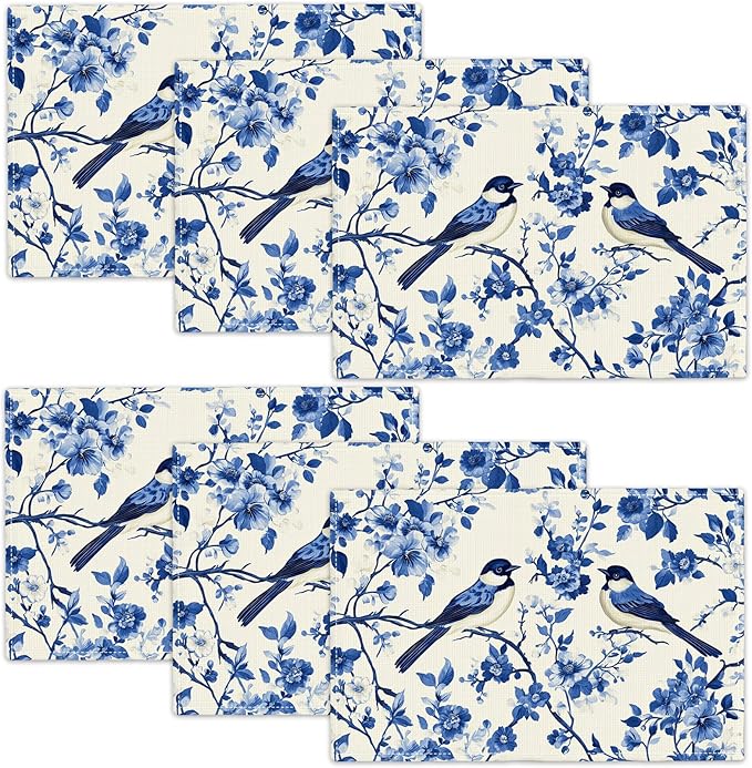 Flower Bird Placemats Set of 6, Blue Birds Place Mats,Blue and White Floral Waterproof Washable Table Mats for Home Party Indoor Kitchen Dining Table Decoration 12x18 Inch