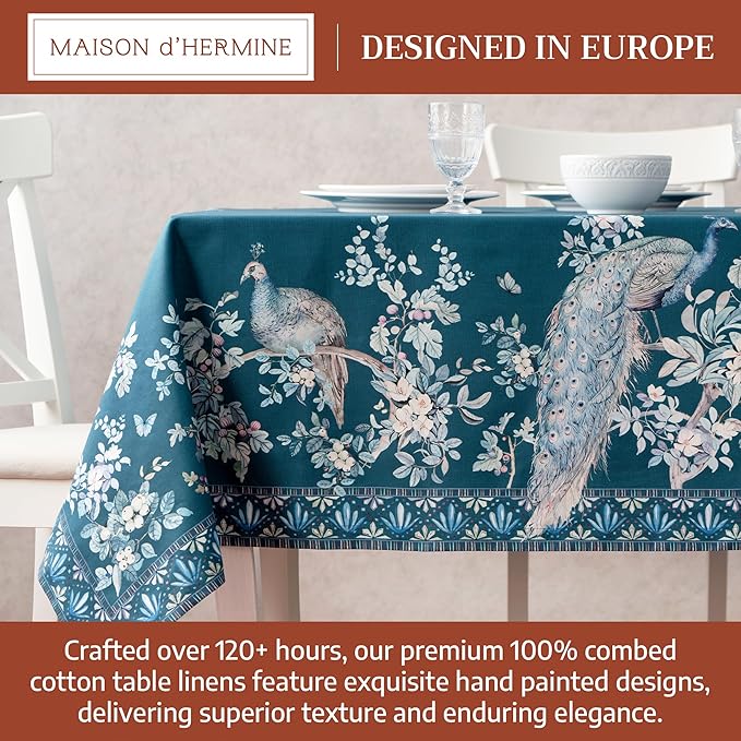 Maison d' Hermine Premium Table Cloth Rectangle Table 100% Combed Cotton 108 x 70 Inches Tablecloth Reusable Decorative for Dining Room, Farmhouse, Party, Festive & Wedding - Peacock Utopia - Deep Sea