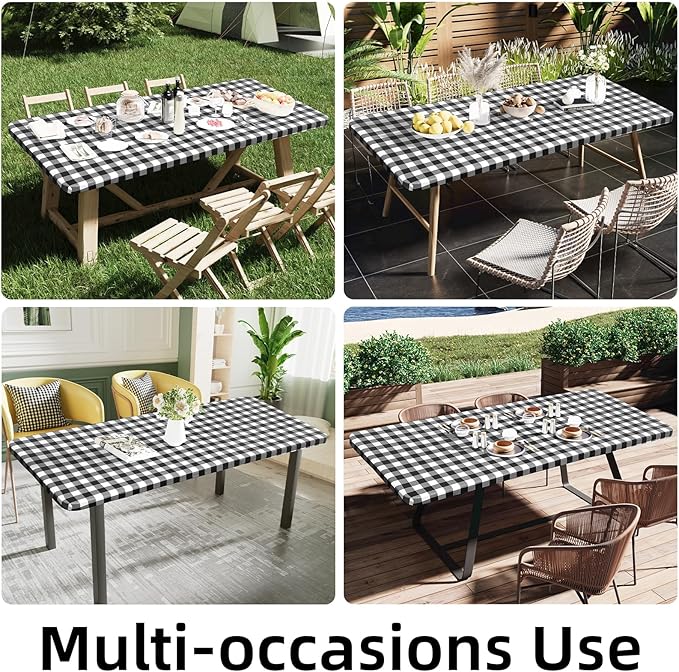 Smiry Square Picnic Table Cloth, Elastic Waterproof Fitted Vinyl Tablecloths, Flannel Backed Buffalo Plaid Table Covers for Dining, Camping, Outdoor (Black and White, 34" x 34")