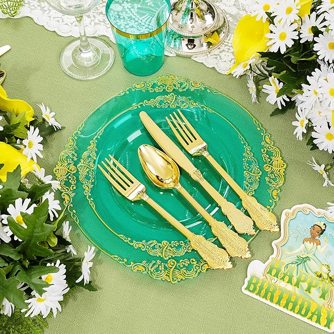 Hioasis 175pcs Clear Green Plastic Plates - Elegant Disposable Dinnerware Set Suitable for 25 Guests Include 10.25" Dinner & 7.5" Dessert Plates, Cutlery, Napkins, Cups for Party & St. Patrick's Day