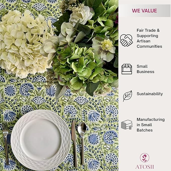 ATOSII Amara 100% Cotton Round Summer Tablecloth, Handblock Print Floral Table Cloth for Kitchen Dining Linen I Parties, Weddings, Outdoors I Grand Millennial Farmhouse Home Decor 90" Inches Round