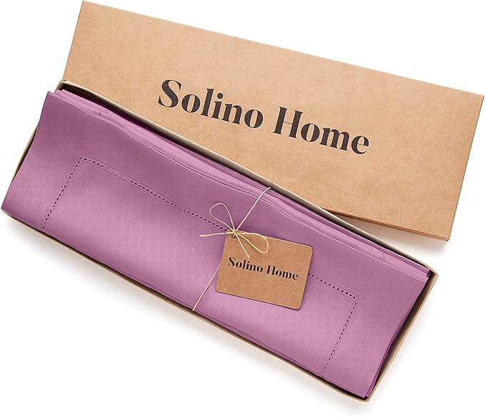 Solino Home Linen Cloth Placemats Set of 4-100% Pure Linen Hemstitch Violet Placemats 14 x 19 Inch - Classic Hemstitch Table Place Mats for Valentines, Spring, Easter