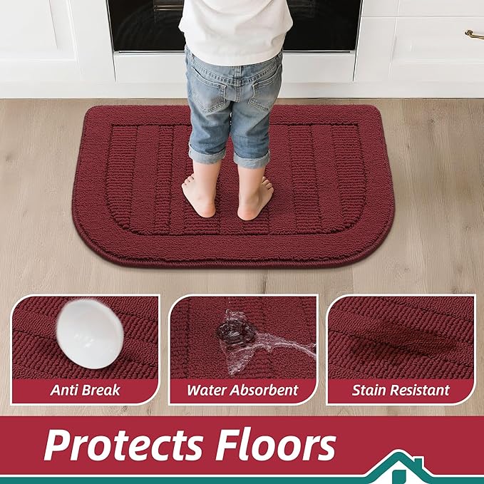 BEQHAUSE 30x18 Inch Kitchen Rug Mat Durable Kitchen Rugs Non-Slip Washable Absorbent Kitchen Mats for Floor Dirt-Resistant Semicircular Kitchen Mat (Red)