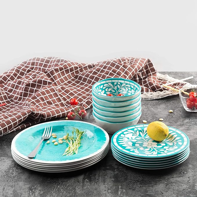 Melamine Dinnerware Sets -12 Piece Plates and Bowls Set for Indoor and Outdoor Use, Lightweight,Teal color,Green