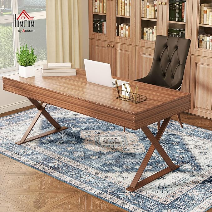 HOMCOM Washable Area Rug, 4'x6' Vintage Indoor Distressed Carpet, Retro Floor Cover Foldable, Floral Print Mat for Living Room, Bedroom, Dining Room, Blue