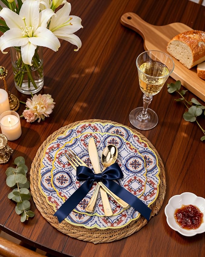 Morejoy 60pcs Plastic Disposable Plates Set - White Plastic Plates Featuring Classic Blue & Red Kaleidoscope Patterns With Gradient Gold Trim.10.25 Dinner Plates & 7.5 Dessert Plates for Wedding,Party