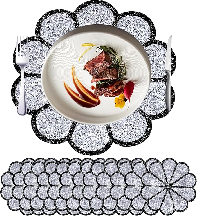 Washable Waterproof Diamond Circle Placemats for Round Tablescape Decor for Dinner and Kitchen Bling Placemats for Weddings & Special Events -12PCS (Silver and Black)