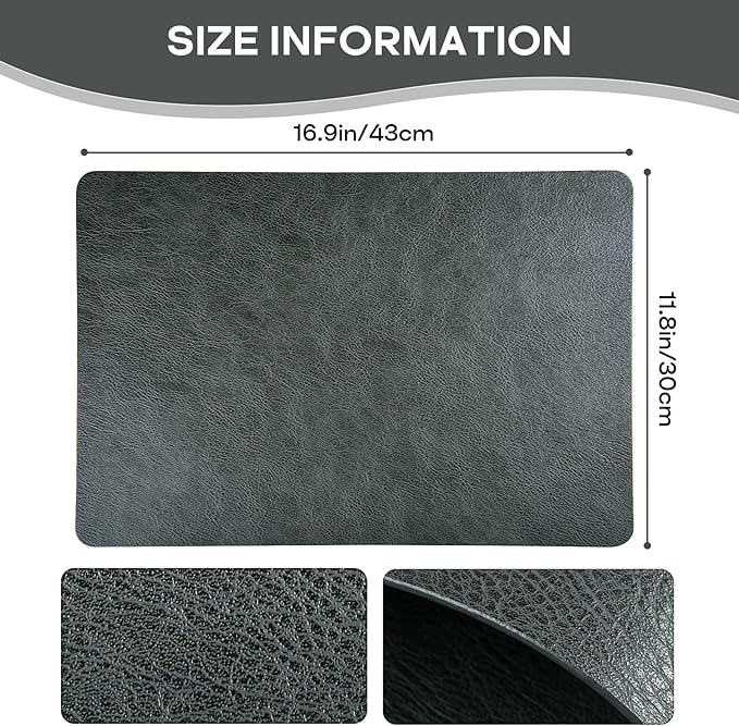 Faux Leather Placemats Set of 6, Washable Place Mats, Wipeable Waterproof Oil-Proof Heat Resistant Table Mats, Non-Slip Vinyl Placemats Rectangular Place Mat for Table Indoor Outdoor (Gray)
