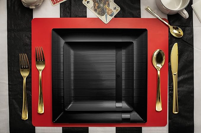 Exquisite Disposable-Black-Plastic-Plates-Square Linear (40 Pack) Wedding Dinner Fancy Tableware Dishes (7.5 Inch., Black) Single Size Set