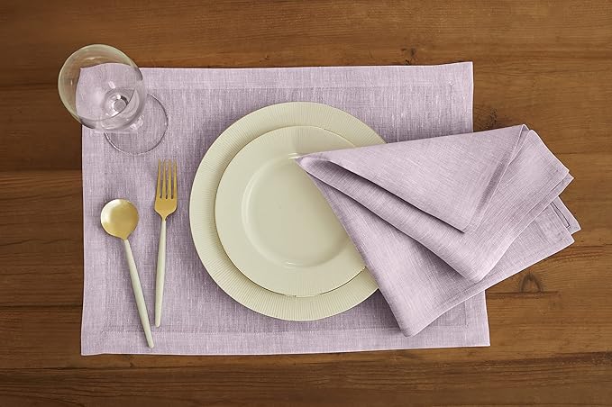 Solino Home Linen Placemats Set of 4-100% Pure Linen Chambray Lavender Cloth Placemats 14 x 19 Inch for Spring, Easter, Valentines - Athena