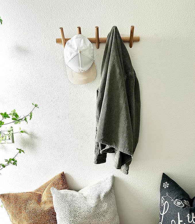 Modern Minimalist Wooden Wall Hook Rack, Solid Ash Wood Coat Rack with 5 Hooks, Wall Mounted Entryway Organizer for Coats, Hats & Bags, 20 lb Capacity