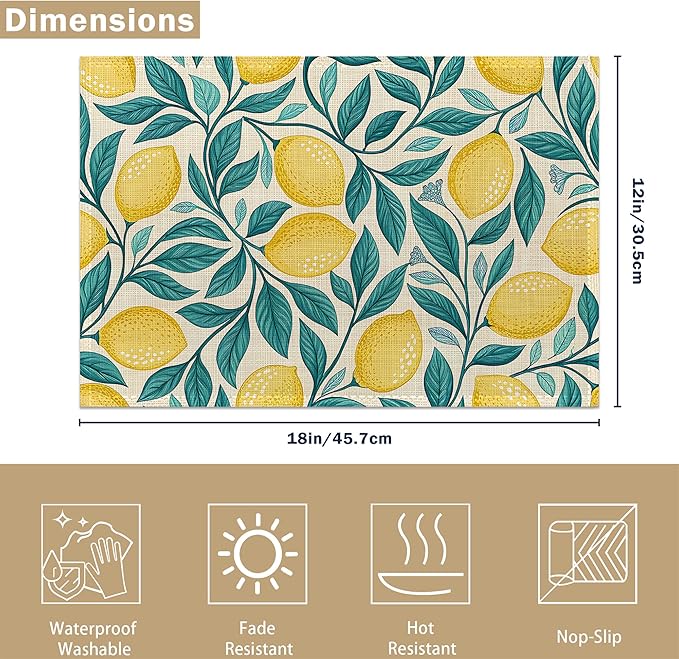 Placemats Set of 6 Lemon Leaf Place Mats Washable Kitchen Dining Linen Table Mats Stain Heat, for Home Party Indoor 12x18 in