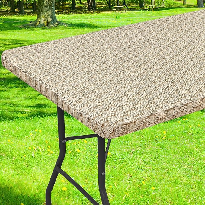 Smiry Rectangle Table Cloth Cover, Waterproof Elastic Fitted Picnic Tablecloth for 4 Foot Tables, Wipeable Flannel Backed Vinyl Tablecloths for Camping, Dining, Outdoor (Sand, 30" x 48")