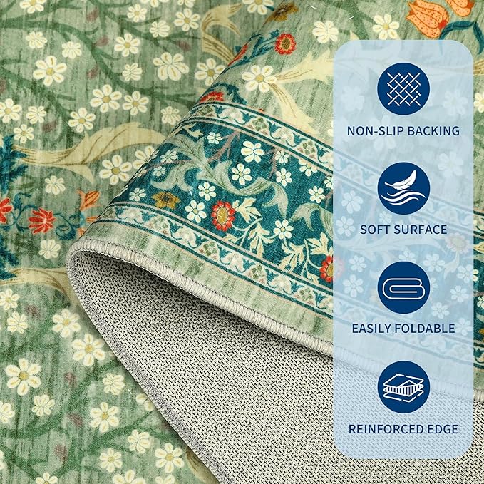 GarveeHome 2x6 Kitchen Runner Rug, Washable Rug for Hallway Non Slip Sage Green, Ultra-Thin Boho Soft Kitchen Runner Rug Botanical Carpet for Entryway, Laundry Room, Bedroom Floor Mat